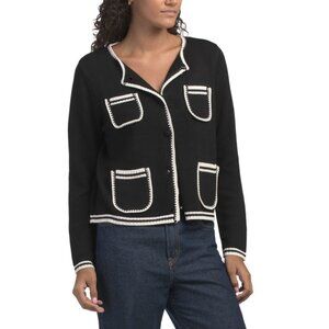 METRIC KNITS Black/Ivory Button Front Cardigan With Pockets
